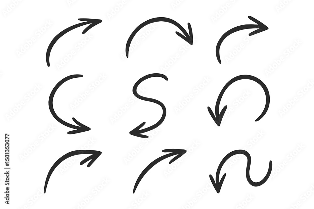Poster hand drawn curved arrows vector set. doodle arrow collection. sketchy curved arrow icons. black mark