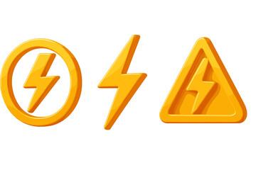Electricity symbol high voltage sign. 3d lightning icon set. Power energy concept. Danger warning alert. Electric charge flash bolt. Yellow realistic vector illustration.