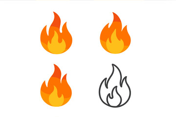 Fire icon collection. Simple flame symbol set. Burning bonfire silhouette. Hot fire sign. Flammable warning sticker. Energy and power concept. Modern flat cartoon design.