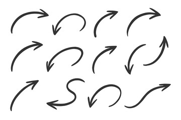 Hand Drawn Curved Arrows Collection. Vector Arrow Set. Doodle Sketch Arrows. Curved, Swirl, Loop, Swoosh, Directional, Pointer, Marker, Isolated on Transparent Background