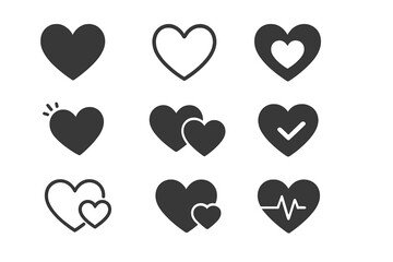 Heart icons set. Love symbol collection for valentine day. Like, favorite, health, cardiology, EKG pulse line. Simple flat abstract shape for web design. Vector illustration.