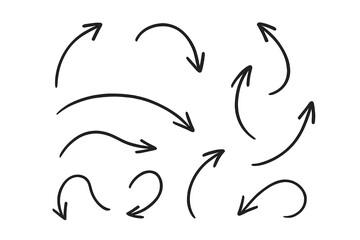 Obraz premium Hand Drawn Curved Arrows Collection. Vector Doodle Arrow Set. Sketchy Directional Symbols. Black Marker Arrows for Infographic, Presentation, Flowchart, Navigation, Highlight, Transparent Background