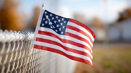 American flag waving on fence with children playing in autumn garden