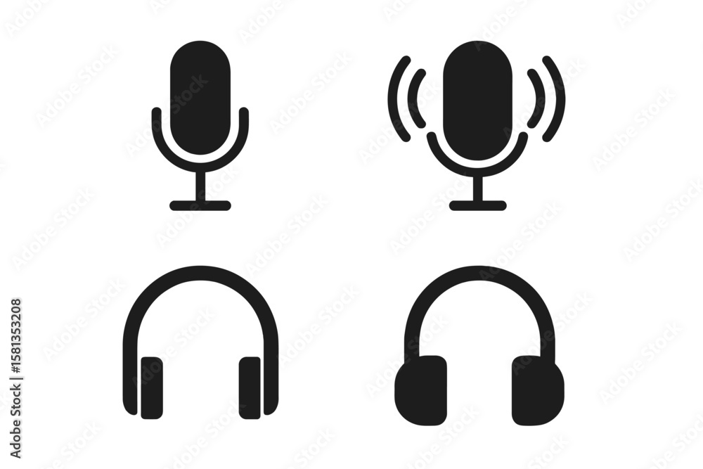 Aufkleber microphone headphones icon set. podcast audio record symbol. voice broadcast concept. sound wave lis