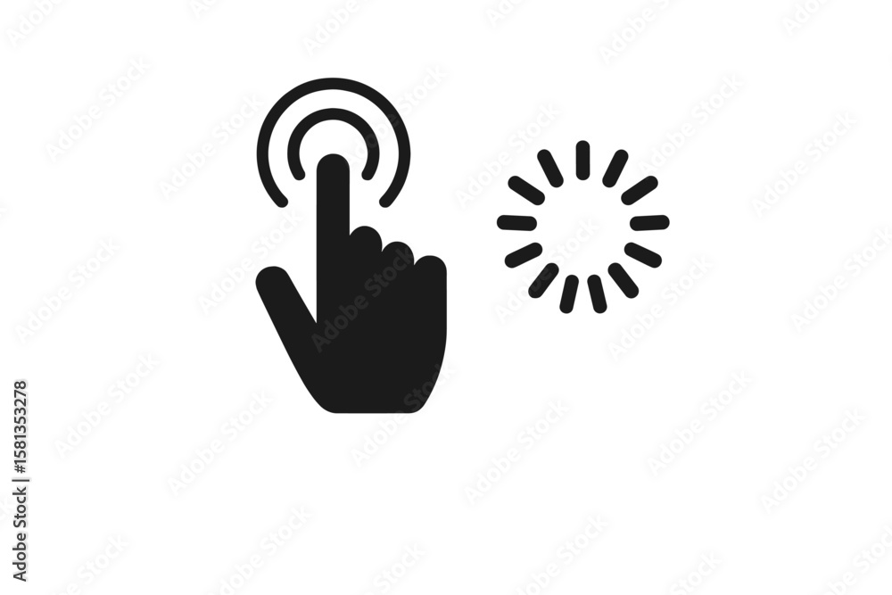Poster mouse click hand pointer and loading spinner icon set. black and white vector illustration for ui, u