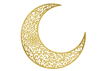 Elegant Gold Crescent Moon with Intricate Floral Arabesque Pattern, Islamic Ornament, Transparent Background, Ramadan Eid Mubarak Vector, Luxury Decorative Clipart