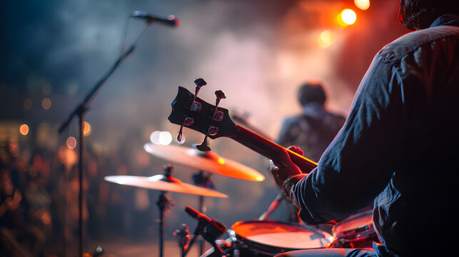 Actuación musical en el escenario. Recreación y espectáculo musical. Música en vivo y fondo de conciertos. Guitarrista y bateria y cantante. Entretenimiento nocturno y festivales.