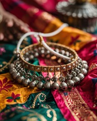 Fototapeta premium A close-up of a traditional Indian silver anklet, or payal, with dangling bells, resting on a vibrant, embroidered silk saree. A cultural and festive accessory.