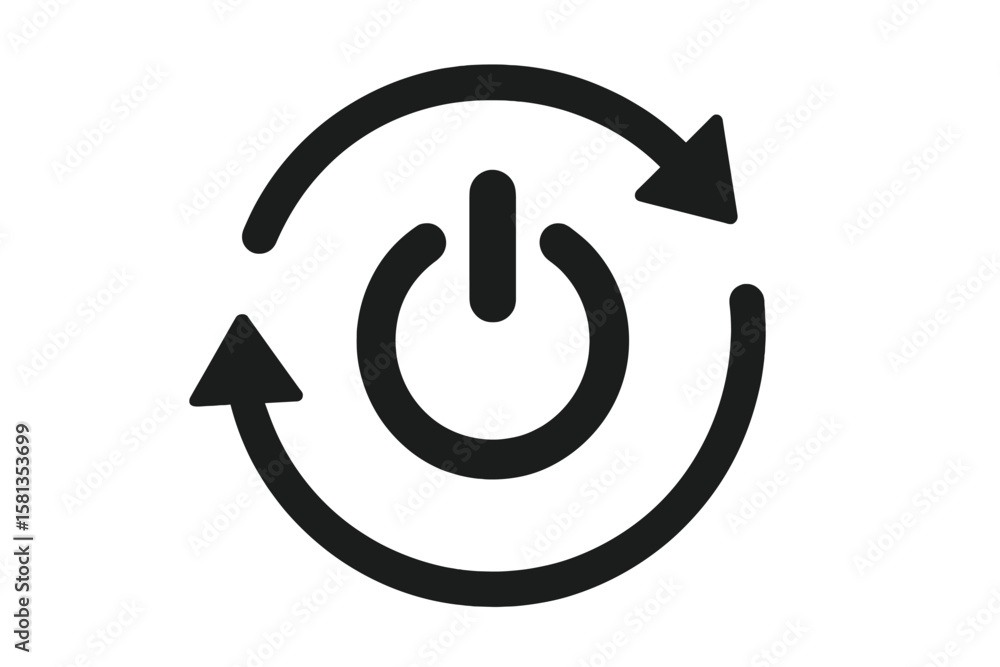 Poster circular power button icon with rotating arrows. restart, refresh, reboot, reset, power cycle, loop,