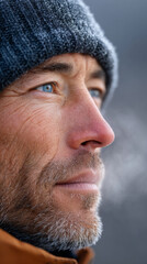 Obraz premium Exhaled breath condensation in cold mountainous environment highlighting human resilience