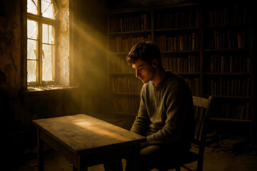 A Young Man Sitting in an Abandoned Library as Morning Light Cuts Through Dust and Broken Glass