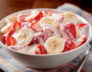 Sliced strawberries and bananas mixed with yogurt in a white bowl