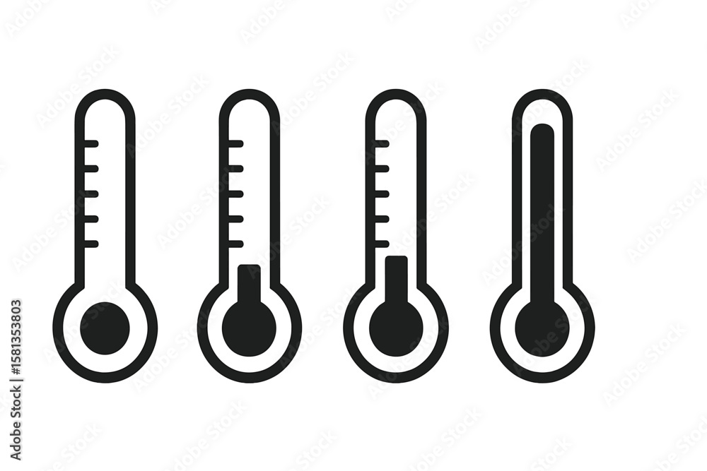 Poster thermometer icon set with various temperature levels. vector symbols for weather apps, websites, or 