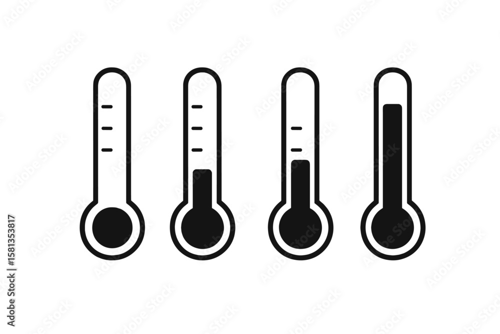 Poster thermometer icon set with temperature level indicators. vector symbols for weather apps, websites, u