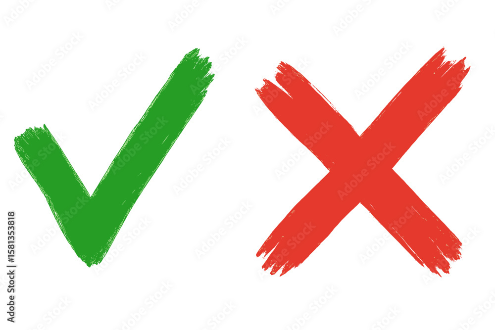 Aufkleber checkmark and cross icons. yes no vote button. right wrong choice. correct incorrect concept. green 