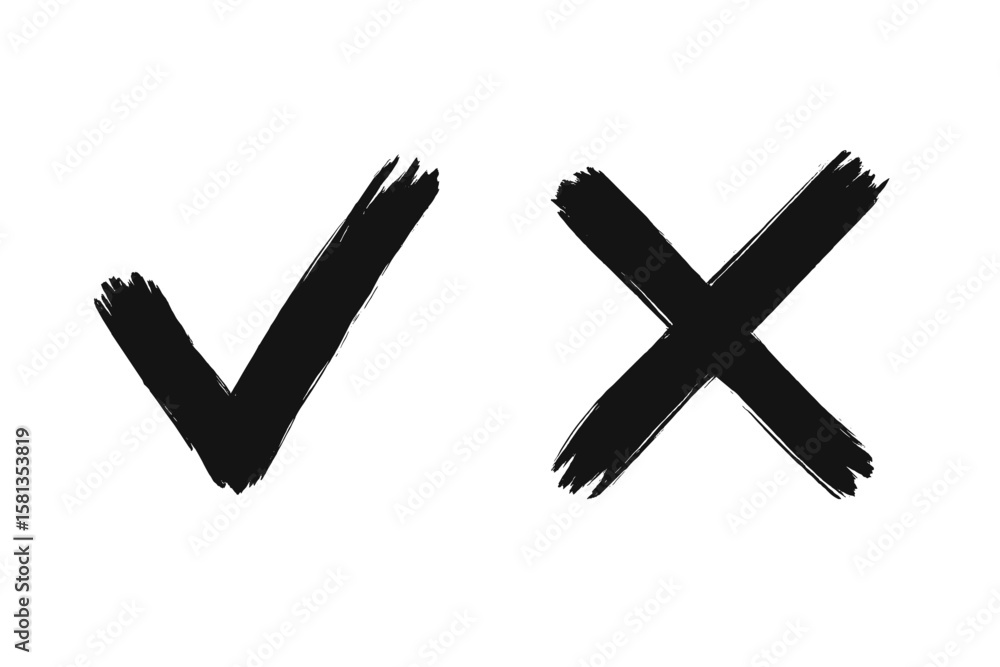 Poster hand-drawn check mark and cross symbols. grunge brush stroke style tick and x icons. yes and no vect
