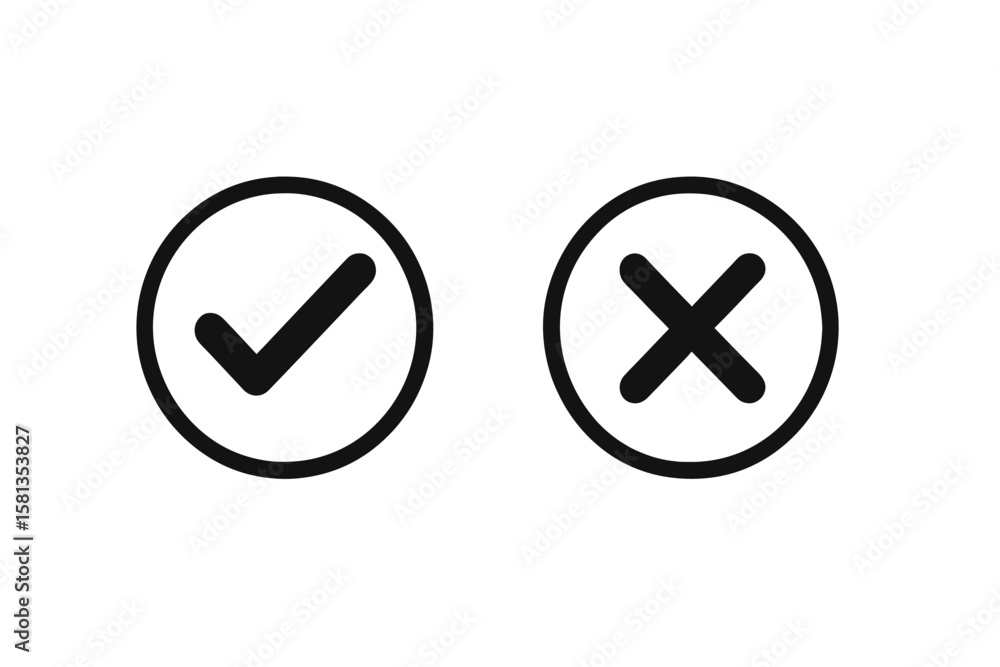 Poster tick and cross mark vector buttons. simple checkmark and x icons in circles. yes and no choice symbo