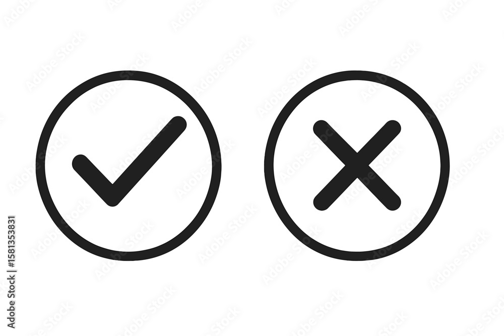Poster tick and cross icons, vector button symbols on transparent background, check mark and cross mark vec