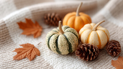 Autumn gourds and pinecones resting on cozy blanket in gentle breeze