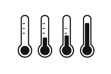 Thermometer icon set with temperature level indicators. Vector symbols for weather apps, websites, UI design. Hot, cold climate gauge. Goal fundraising progress meter icons.