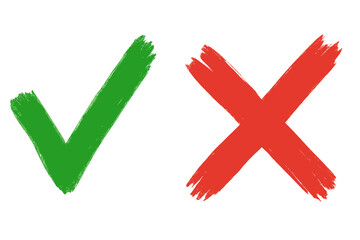 Checkmark and cross icons. Yes no vote button. Right wrong choice. Correct incorrect concept. Green tick and red x mark. Hand painted brush stroke vector symbol illustration.