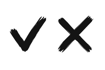 Hand-drawn check mark and cross symbols. Grunge brush stroke style tick and X icons. Yes and No vector buttons. Approval and rejection signs for web and app user interface.