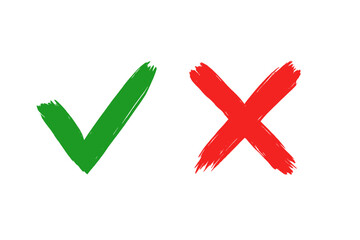 Tick and cross mark grunge brush painted vector symbols. Green checkmark and red X icon. Hand drawn doodle sketch style. Yes and no button for approval and rejection signs.