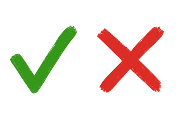 Green tick check mark and red cross X icon. Hand drawn brush paint style. Yes and no symbol. Correct, incorrect sign. Approval, rejection concept. Vector illustration.