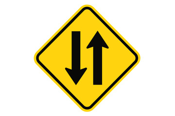 Two way traffic road sign in yellow diamond shape with black arrows. Vector illustration for transport safety. Warning information symbol isolated on transparent background.