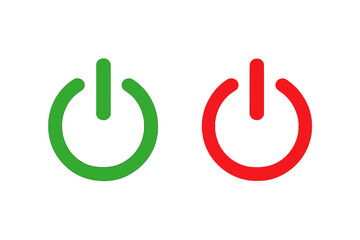 Power button on off symbol vector icon set. Green and red start stop web button collection. Technology, energy, switch, interface concept. Isolated flat design for UI and UX.