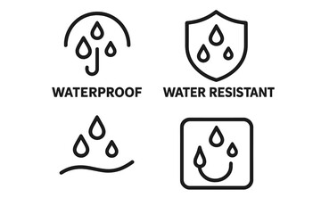 Waterproof and water resistant vector icon set. Liquid protection symbols for packaging. Water repellent, impermeable, and hydrophobic properties line art illustration for products.
