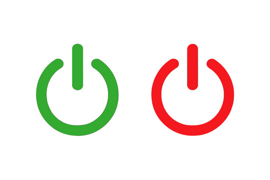 Power button on off symbol vector icon set. Green and red start stop web button collection. Technology, energy, switch, interface concept. Isolated flat design for UI and UX.