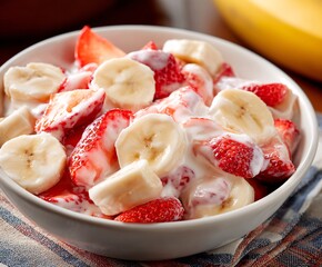 Sliced strawberries and bananas mixed with yogurt in a white bowl