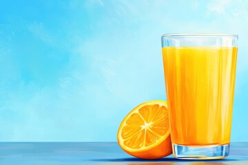 Glass of freshly squeezed orange juice sits on table with half orange on blue background, copy space