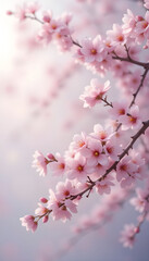 Fototapeta premium Delicate Pink Blossoms in Springtime Embrace.A close-up view of blossoming pink flowers, likely cherry blossoms, on branches against a soft, pastel background.