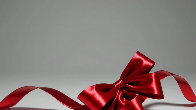 Elegant red ribbon bow unraveling on gray background in smooth motion capture