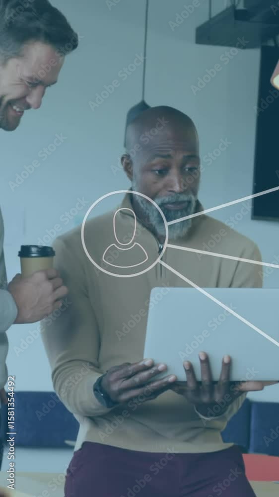 Poster animation of network of profile icons over three diverse men discussing over a laptop at office