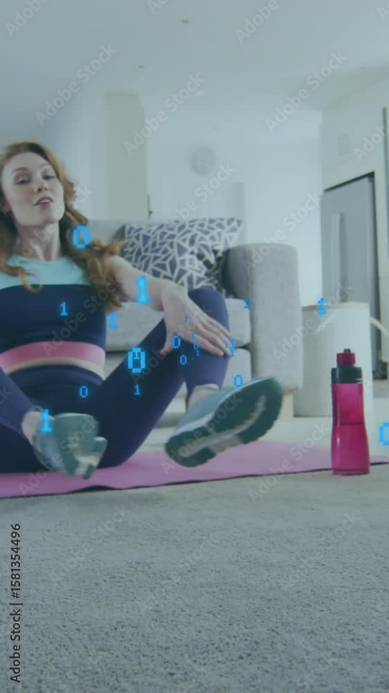 Poster animation of looping binary codes, caucasian woman recordings stretching exercise on video recorder