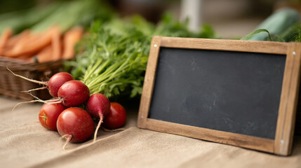 Seasonal local food market stall with freshly harvested vegetables and blank chalkboard for custom message