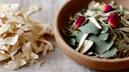 Fototapeta premium Aromatic herbal blend in wooden bowl for relaxation and wellness