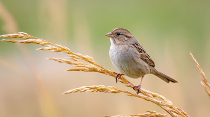 Fototapeta premium Sparrow resting on dried grass in tranquil meadow scene