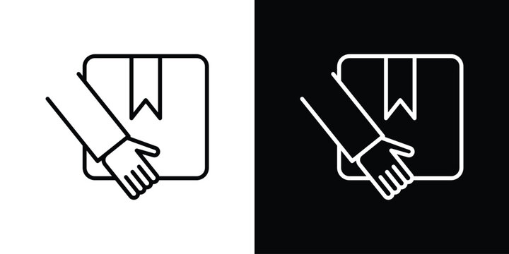 Hand holding box icon pack with black and white editable stroke lines for graphic design work