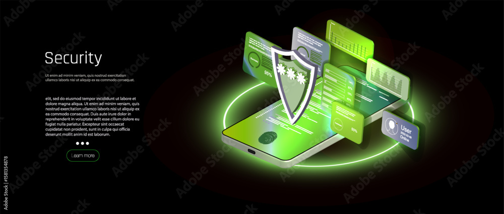 Poster digital security interface showcasing virtual shields and data protection strategies in a modern des