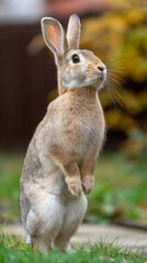 Fototapeta premium Curious rabbit standing upright in garden with blurred background for nature design