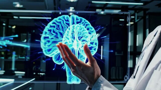 Futuristic humancomputer interaction with holographic brain interface in hightech laboratory