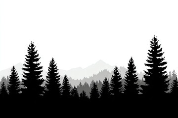 black silhouette of forest with pine trees, hills in layers, clean negative space style, modern vector composition on white background