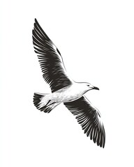 black silhouette of a flying seagull with wings spread wide, clean white background, detailed feather linework, minimal vector style
