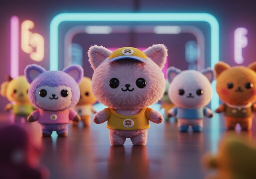 Charming Collection A Group of Adorable Kawaii Style Plush Animal Characters on Stage Ready for a Show