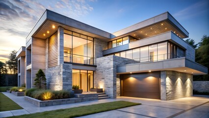 Fototapeta premium Luxurious modern home with stone facade and large windows at twilight