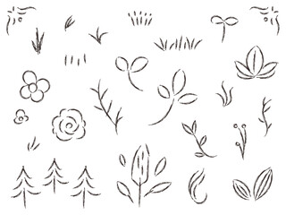 シンプルな手描き風、花、葉っぱ、植物の素材セット